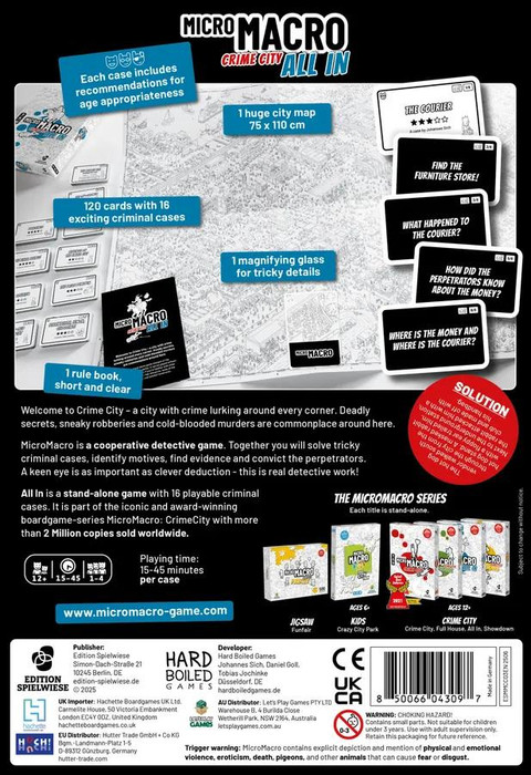 Back of the box of MicroMacro: Crime City – All In – buy now from Boardgamist UK.