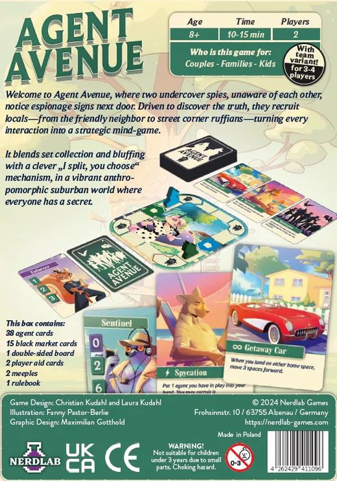 Back of the box of Agent Avenue – buy now from Boardgamist.