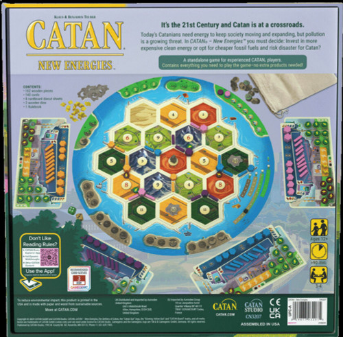 Back of the box of Catan New Energies – buy now from Boardgamist