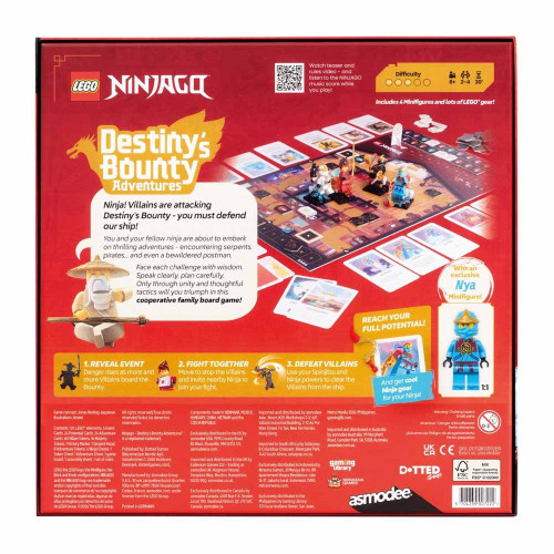 Back of the box for LEGO NINJAGO Destiny’s Bounty Adventures board game now from Boardgamist