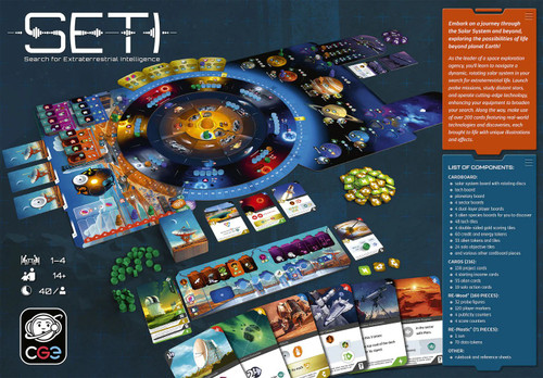 Back of the box of SETI: Search for Extraterrestrial Intelligence – buy now from Boardgamist.