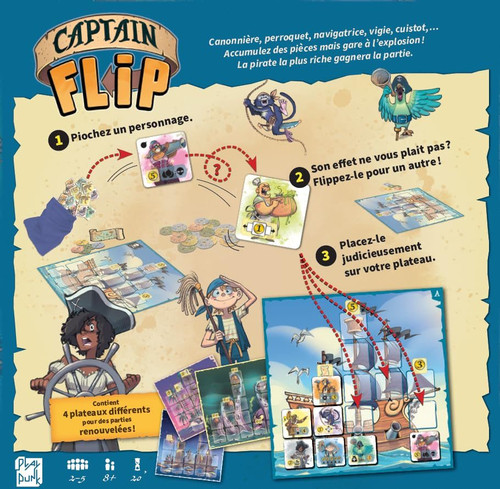 Back of the box of Captain Flip – buy now from Boardgamist.