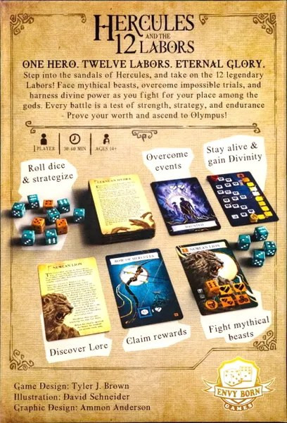 Back of the box of Hercules and the 12 Labors – buy now from Boardgamist.
