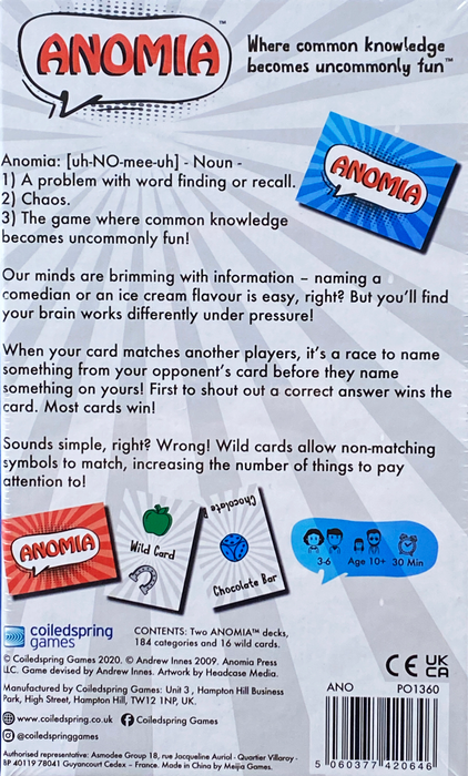 Back of the box of Anomia. Buy this and other party board games from Boardgamist