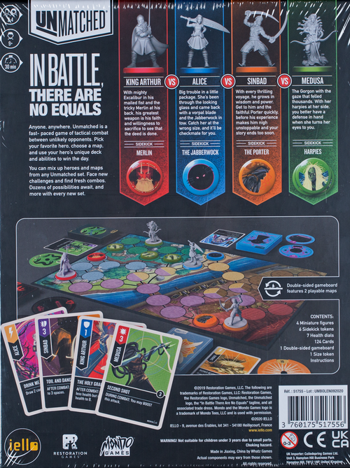 Back of the box of Unmatched Battle of Legends Volume 1 . Buy the card game from Out of Town Games