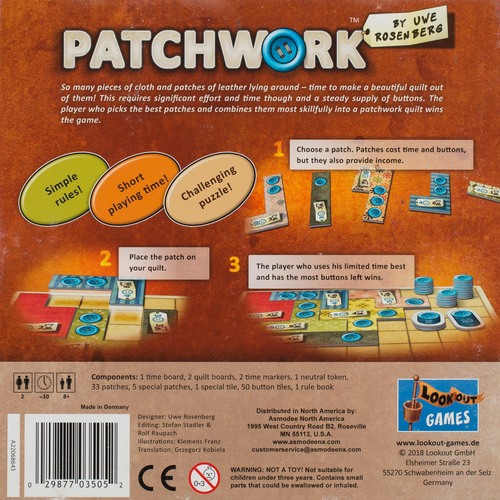 Patchwork back of the box, buy the two player board game from Boardgamist