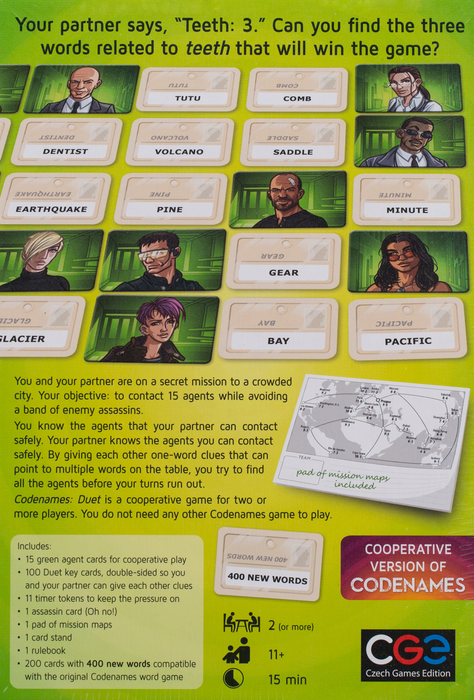 Codenames Duet back of the box, buy the two player cooperative game from Out of Town Games