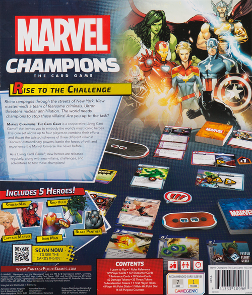 Marvel Champions back of the box, buy the superhero living card game from Out of Town Games