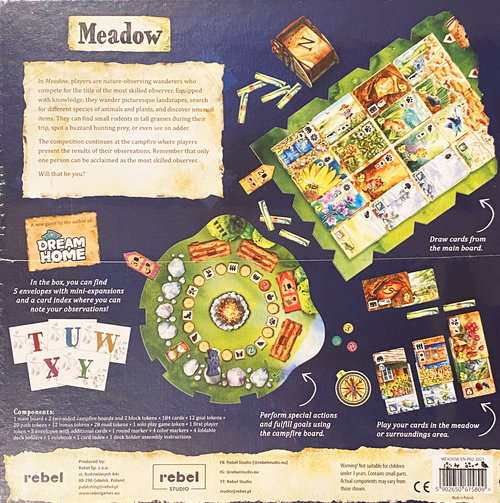 Back of the box of Meadow. Buy this and other board games from Out of Town Games
