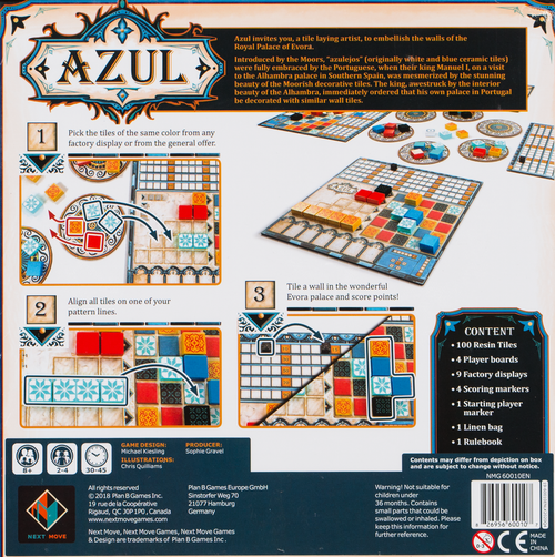 Azul back of the box, buy the award winning board game from Boardgamist