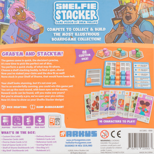 Back of the box of Shelfie Stacker. Buy this and other brilliant board games from Out of Town Games