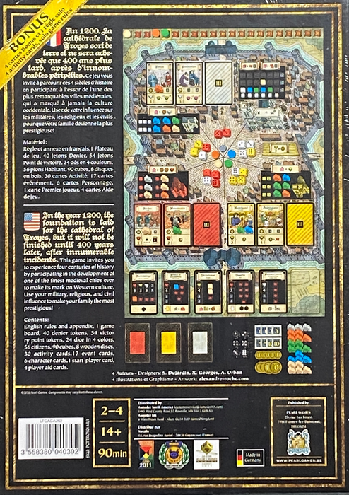 Troyes back of the box, buy the classic strategy board game from Out of Town Games