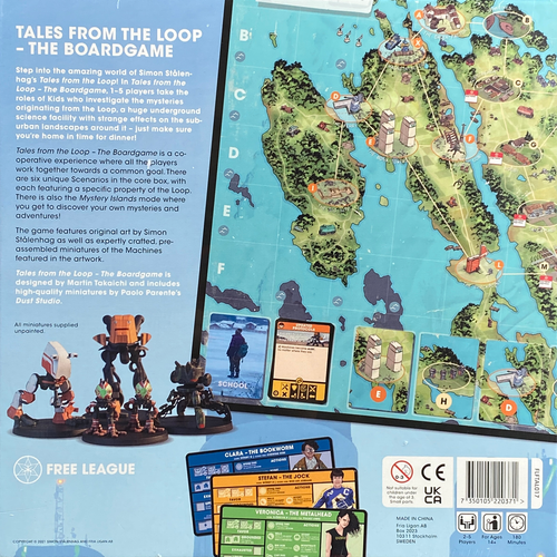 Tales From The Loop: The Board Game back of the box. Buy the co-operative strategy board game from Out of Town Games