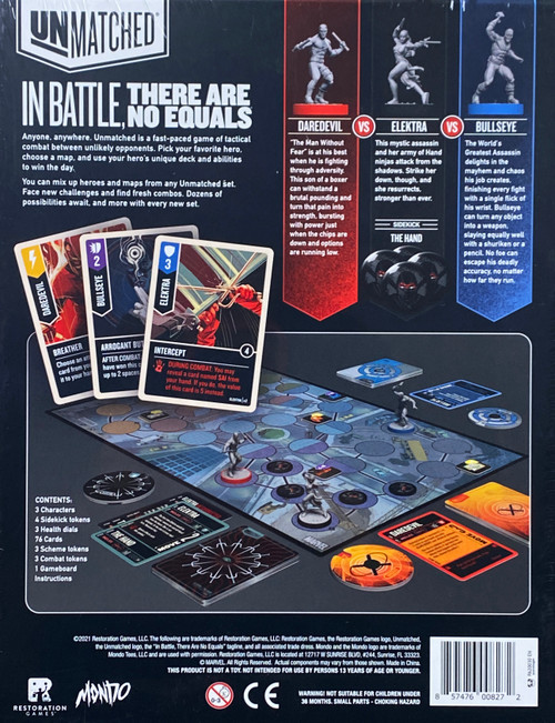 Back of the box of Unmatched Hells Kitchen Marvel. Buy the board game from Out of Town Games