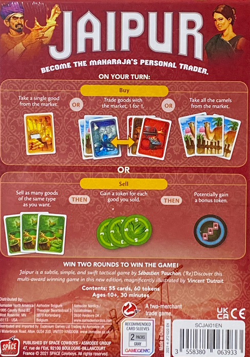 Jaipur - back of the box, buy the two player board game from Boardgamist