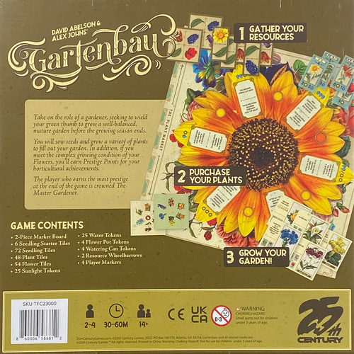 Back of the box of Gartenbau board game from Out of Town Games