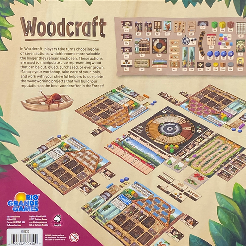 Woodcraft back of the box, buy the strategy board game from Out of Town Games