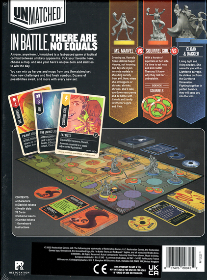 Back of the box of Unmatched Marvel Teen Spirit. Buy the board game from Out of Town Games