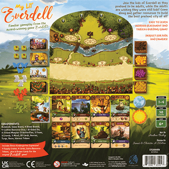 Back of the box of My Lil' Everdell. Buy this and other kids board games from Out of Town Games