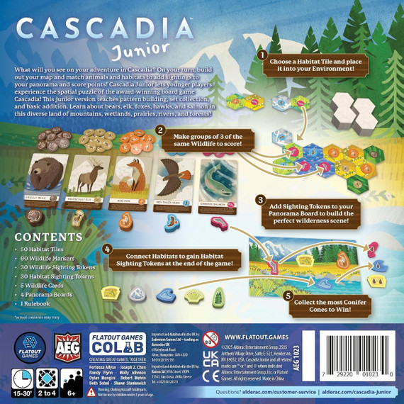 Back of the box of Cascadia Junior – buy now from Boardgamist.