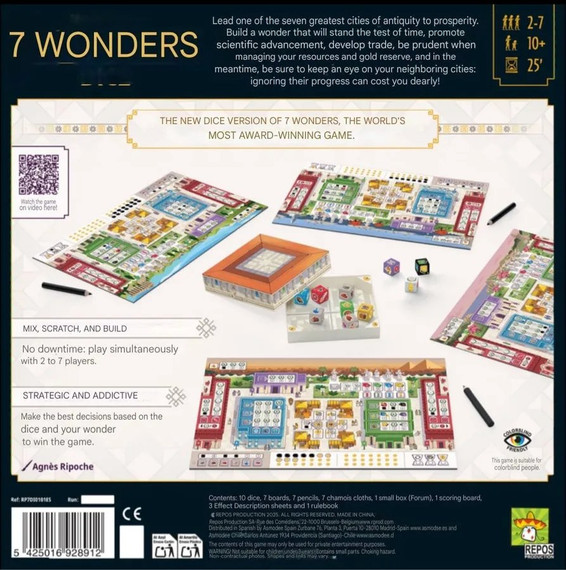 Back of the box of 7 Wonders Dice – buy now from Boardgamist.