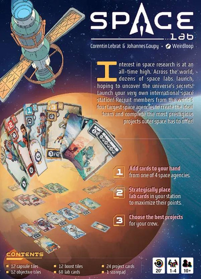 Back of the box of Space Lab - Buy now from Boardgamist UK.