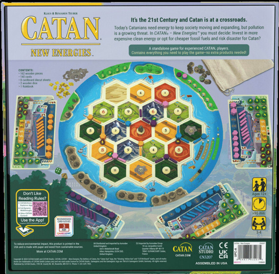 Back of the box of Catan New Energies – buy now from Boardgamist