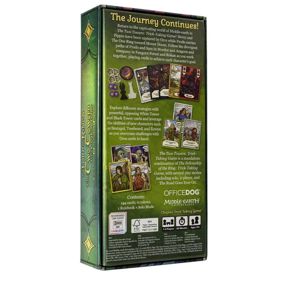 Back of the box of ‘The Lord of the Rings The Two Towers Trick Taking Game’ – buy now from Boardgamist.