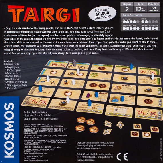 Back of the box of Targi,  Buy Amazing Two Player Games from Out of Town Games