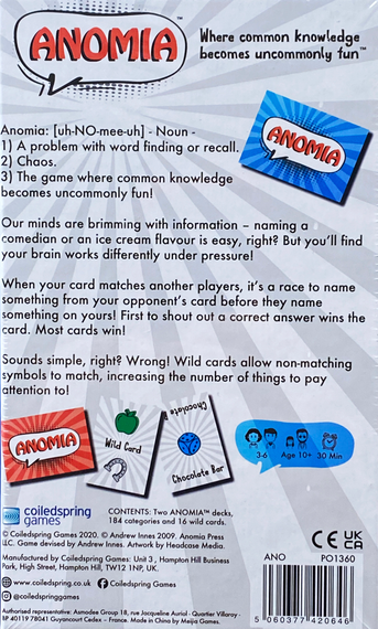 Back of the box of Anomia. Buy this and other party board games from Out of Town Games