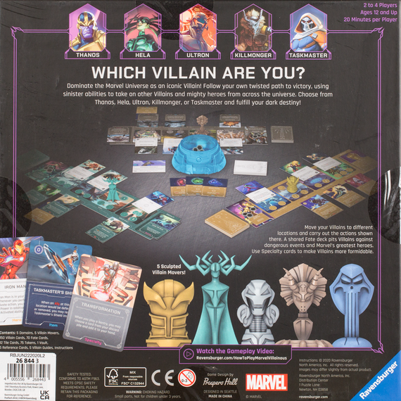 Back of the box of Marvel Villainous Infinite Power. Buy the card game from Out of Town Games