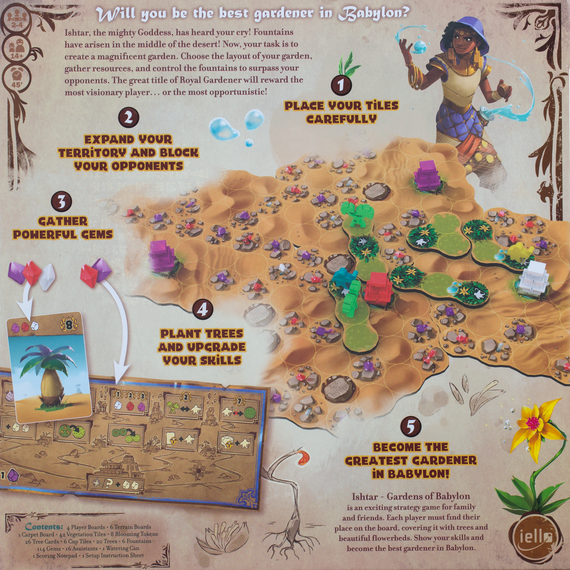 Back of the box of Ishtar Gardens of Babylon. Buy the family board game from Out of Town Games