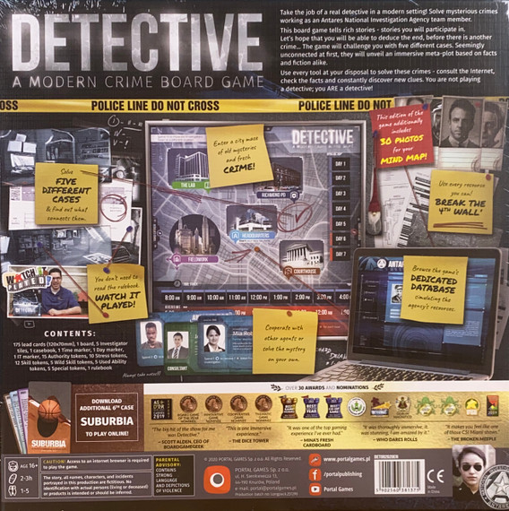 Detective: A Modern Crime Board Game back of the box buy the cooperative game from Out of Town Games