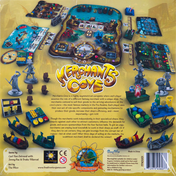 Back of the box of Merchants Cove. Buy the asymmetric strategy board game from Out of Town Games