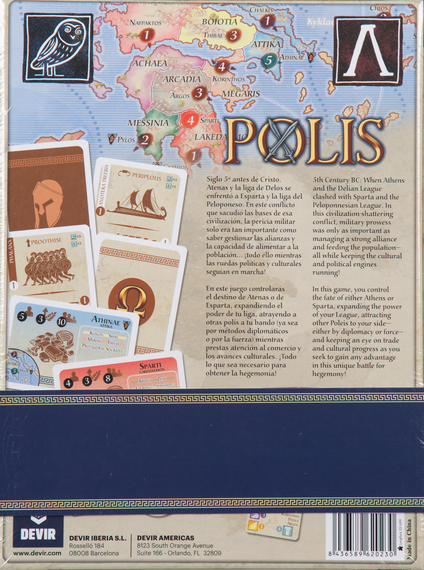 Polis 2nd Edition back of the box, buy the two player board game from Out of Town Games