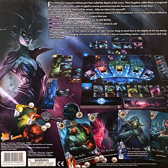 Abyss back of the box, buy the board game from Out of Town Games