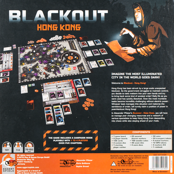 Back of the box of Blackout Hong Kong - Buy the heavy board game from Out of Town Games