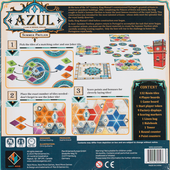 Azul: Summer Pavilion back of the box, buy the award winning board game from OOT Games