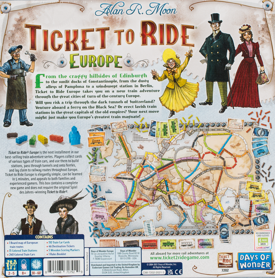Back of the box of Ticket to Ride: Europe - buy the classic board game from Out of Town Games