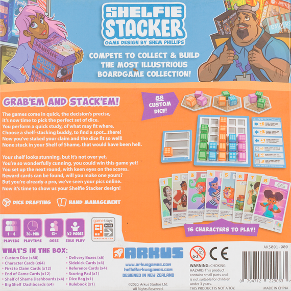 Back of the box of Shelfie Stacker. Buy this and other brilliant board games from Out of Town Games