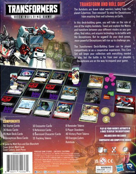 Back of the box of Transformers Deck-Building Game - Brilliant card games from Out of Town Games