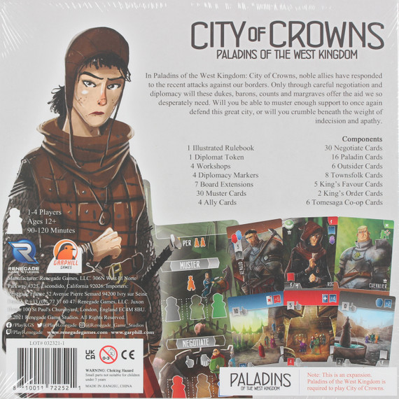 Back of the box of Paladins of the West Kingdom: City of Crowns Expansion. Buy this and other board games add-ons from Out of Town Games