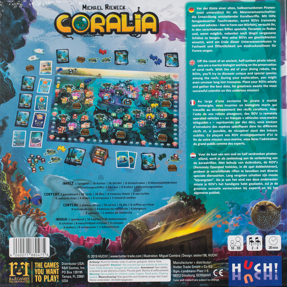Back of the box of Coralia - Buy family board games from Out of Town Games