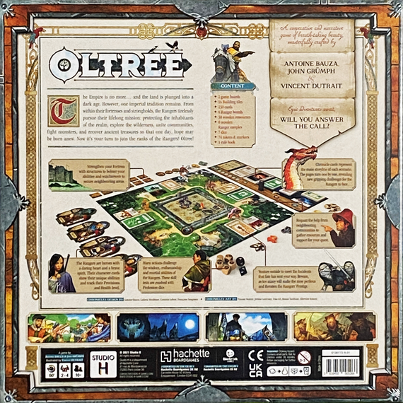 Back of the box of Oltréé - Buy the storytelling game game from Out of Town Games