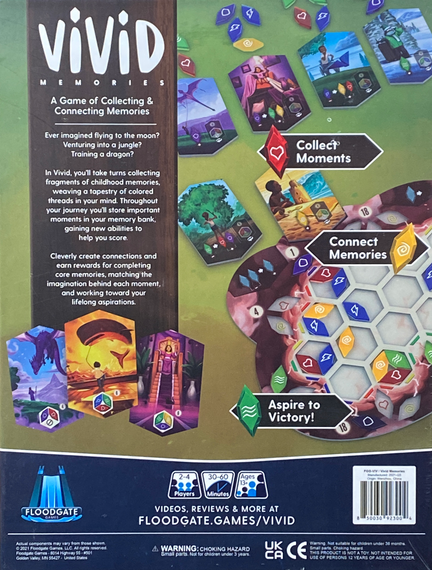 Back of the box of Vivid Memories. Buy this and other family board games from Out of Town Games