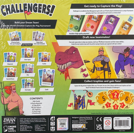 Challengers! back of the box, buy the capture the flag board game from Out of Town Games
