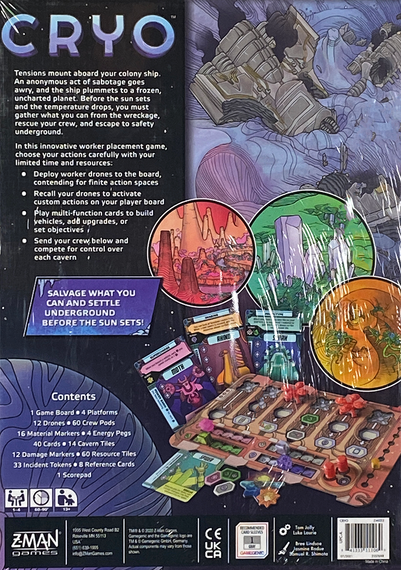 Cryo back of the box, buy the board game from Out of Town Games