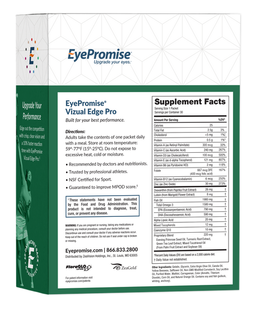 The EyePromise Vizual Edge Pro formula is designed to improve contrast sensitivity, light sensitivity, eye dryness from environmental factors, glare recovery, reaction time, and more. The EyePromise Vizual Edge Pro formula is designed to improve contrast sensitivity, light sensitivity, eye dryness from environmental factors, glare recovery, reaction time, and more.
