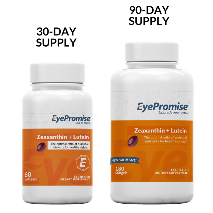 Zeaxanthin + Lutein comes in 30 day and 90 day supply bottles. Zeaxanthin + Lutein comes in 30 day and 90 day supply bottles.