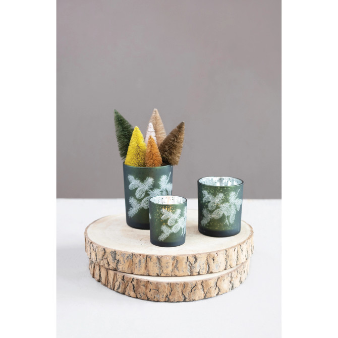 Creative Co-op Mercury Glass Candle Holder with Laser Etched Pinecones - Green, 2.75x3"